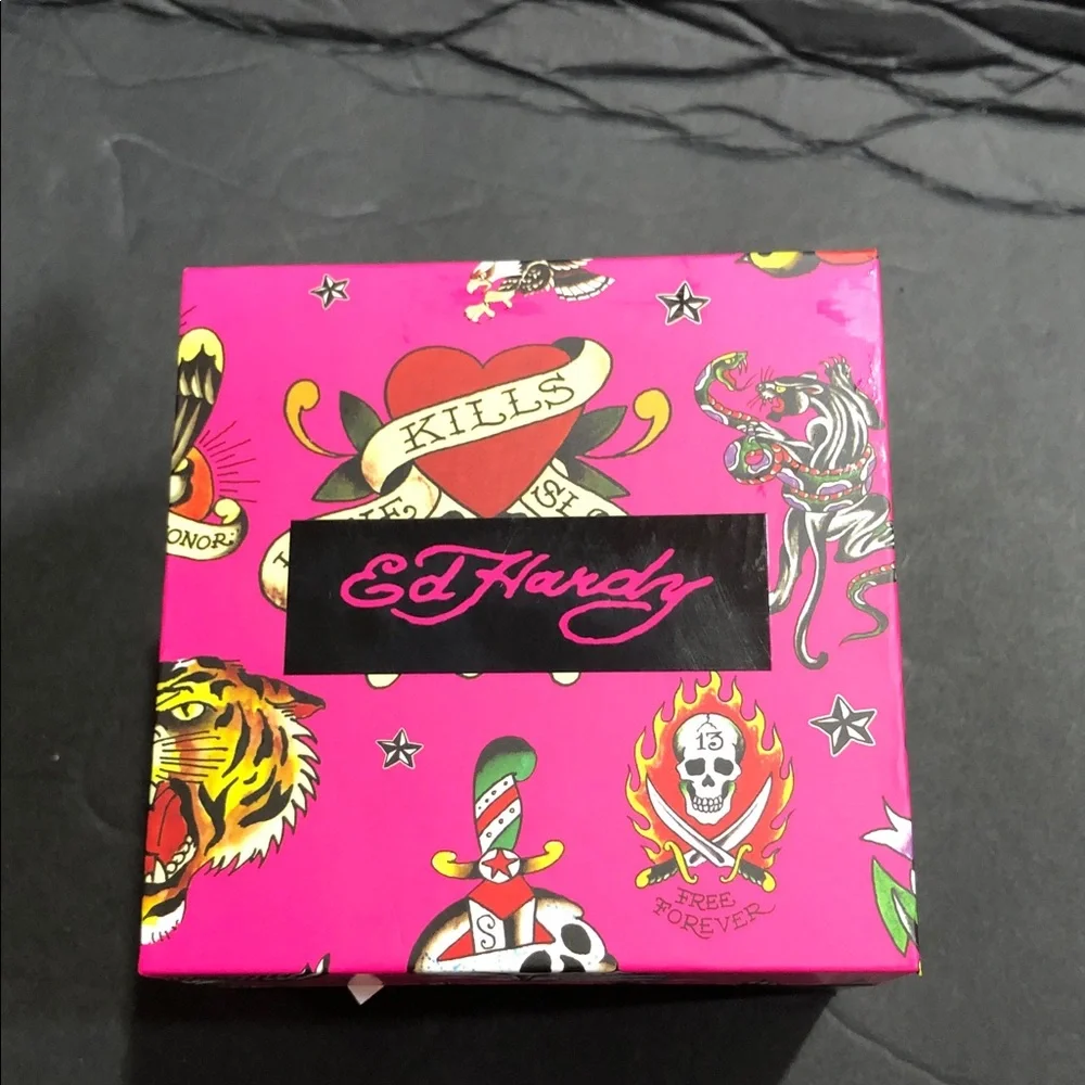 Ed Hardy black onyx look gemstone bling wristwatch new in pink Ed Hardy logo box